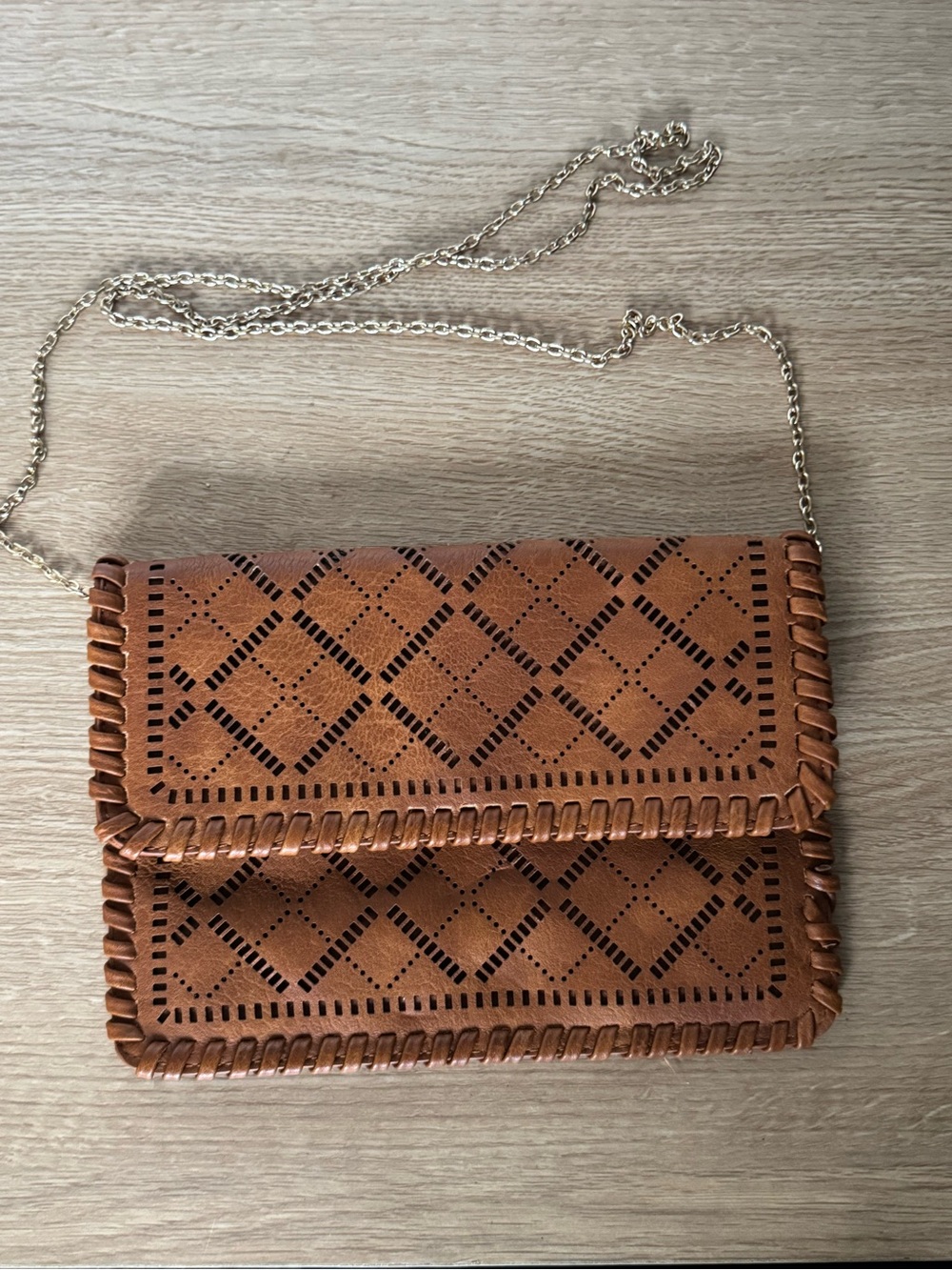 3Am Forever Tan Laser-Cut Whipstitch Crossbody Clutch with Chain Strap